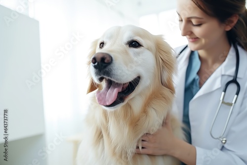 A woman in a white lab coat holding a dog