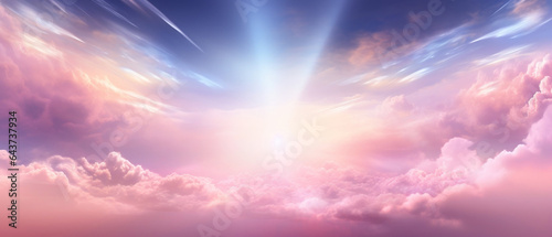 Niebiańska światłość - tło pełne chmur, obłoków i promieni światła. Rajska kraina photo