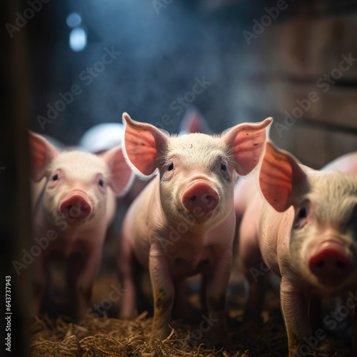 Farm piglets. Ecological pigs and piglets at the domestic farm background,