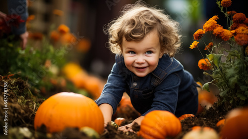 A cheerful child picks a perfect pumpkin from a sprawling patch surrounded by vibrant autumn leaves and festive decorations 