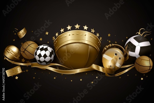 Golden sports banner w/ crown & ball icons for football, soccer & basketball. Generative AI