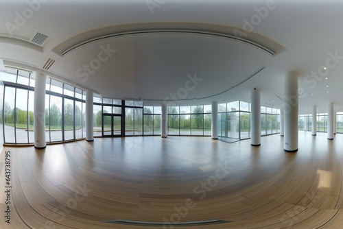 High-quality 360 panorama of a vacant contemporary reception hall with panoramic windows and doors  ideal for AR VR content. Generative AI