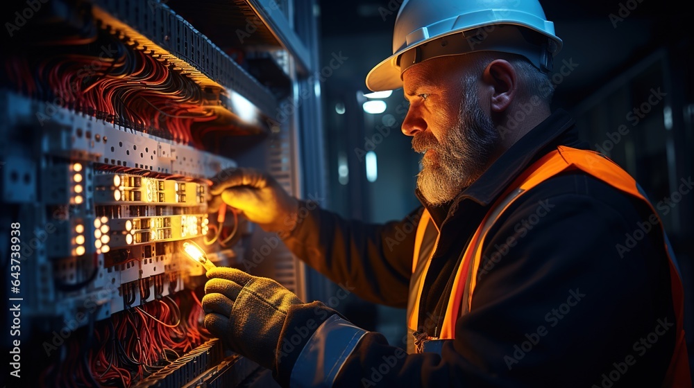 Mature male electrician works in a switchboard with an electrical connecting cable. Working professions concept