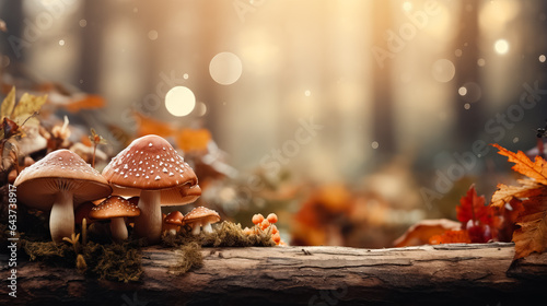 A cozy autumnal forest setting filled with fallen leaves and mushrooms background with empty space for text  photo