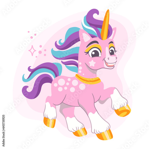 Cute cartoon character happy pink unicorn vector illustration