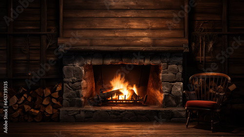 A peaceful scene of a rustic cabin with a crackling fireplace background with empty space for text 