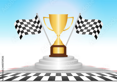 Golden Trophy Cup or Racing Champion Cup  with Checkered Flag in Racing Track. Champion and Winning or Celebration Concept. Vector Illustration.