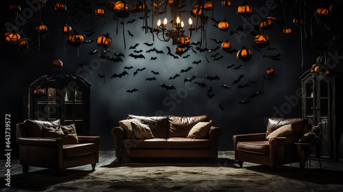 A spooky Halloween living room with cobweb-covered furniture bats hanging from the ceiling and a background with empty space for text 