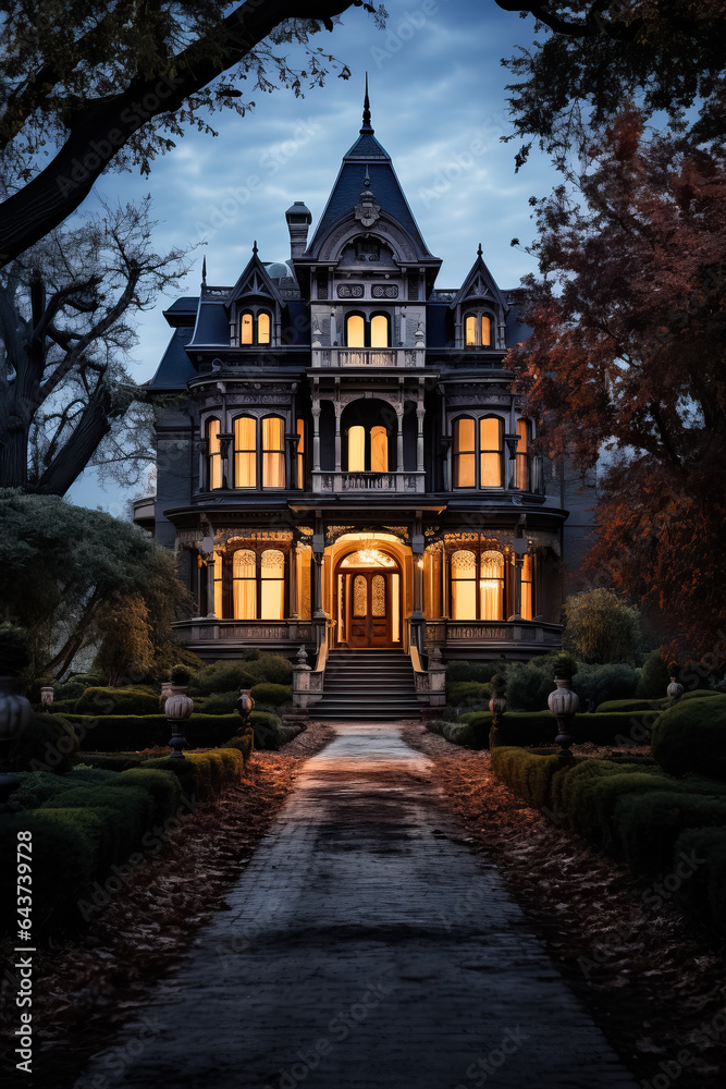 A spooky old mansion standing alone in the moonlight waiting to welcome thrill-seekers on haunted house and ghost tours 