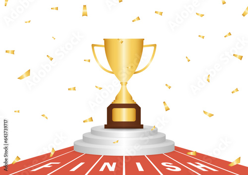 Golden Trophy in Running Track or Athlete Track with Start or Finish line. Champion and Winning Concept. Vector Illustration.