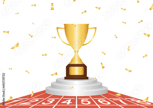 Golden Trophy in Running Track or Athlete Track. Champion and Winning Concept. Vector Illustration.