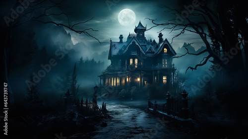 A spooky Victorian mansion with an eerie fog surrounding it background with empty space for text 