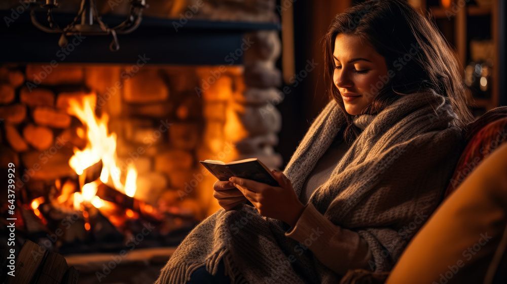 A woman sits by a crackling fireplace wrapped in a blanket engrossed in a captivating autumn read  - obrazy, fototapety, plakaty 