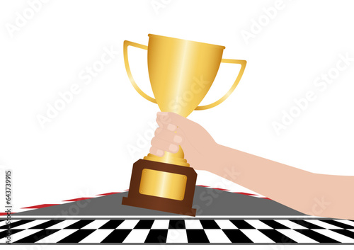 Hand Holding Golden Trophy in Racing Track. Go-kart track. Race track road. Vector Illustration. Champion and Winning Concept. Vector Illustration.