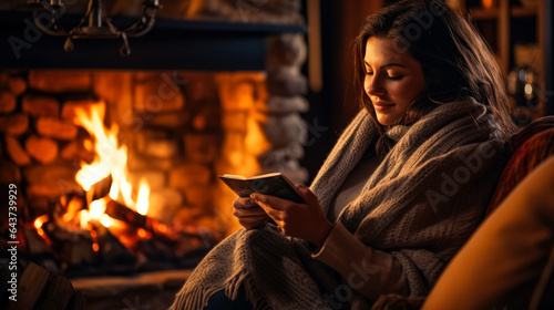 A woman sits by a crackling fireplace wrapped in a blanket engrossed in a captivating autumn read 