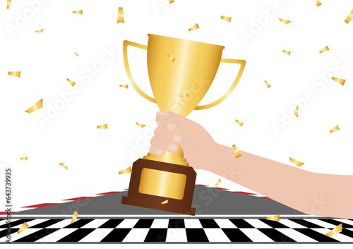 Hand Holding Golden Trophy in Racing Track. Go-kart track. Race track road. Vector Illustration. Champion and Winning Concept. Vector Illustration.