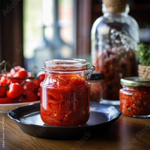 winter red pepper and ajvar.Preservation for the winter.background