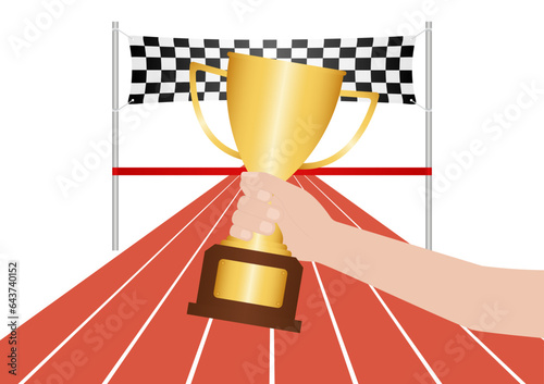 Hand Holding Golden Trophy in Running Track or Athlete Track. Champion and Winning Concept. Vector Illustration.