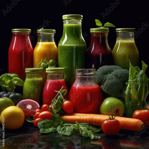  juices in bootle with fresh fruit and wegetable background
