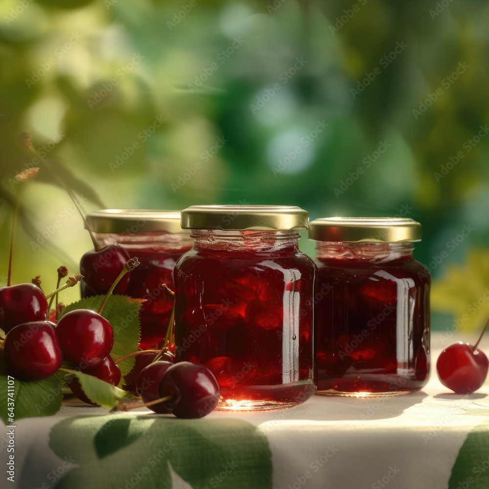 jam in a glass jar, fruits, homemade jam, garden background, farm, organic product, breakfast, fruits and nature, leaves and flowers background jam in a glass jar, fruits, homemade jam, garden background, farm, organic product, breakfast, fruits and nature, leaves and flowers background