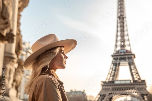 Lifestyle portrait photography of a blissful girl in her 40s wearing a rugged cowboy hat against the eiffel tower. With generative AI technology
