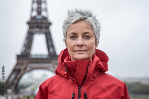 Medium shot portrait photography of a glad mature woman wearing a functional windbreaker against the eiffel tower. With generative AI technology