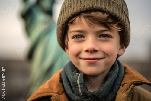 Close-up portrait photography of a cheerful boy in his 30s wearing a stylish beret in front of the statue of liberty in new york usa. With generative AI technology © Markus Schröder