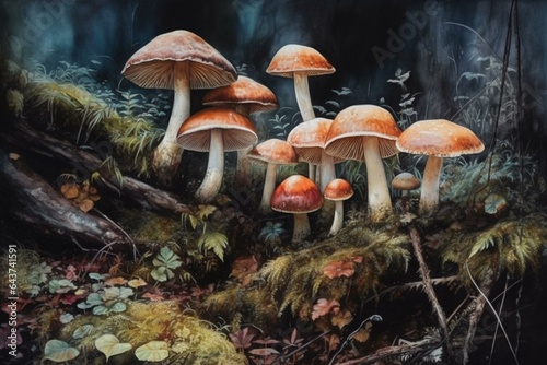 Enigmatic woods adorned with poisonous watercolor mushrooms. Generative AI