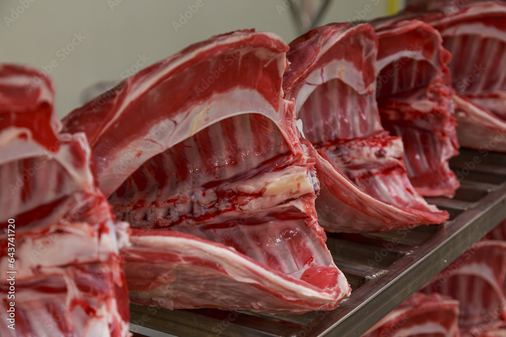 Factory storage of different parts of beef carcass.