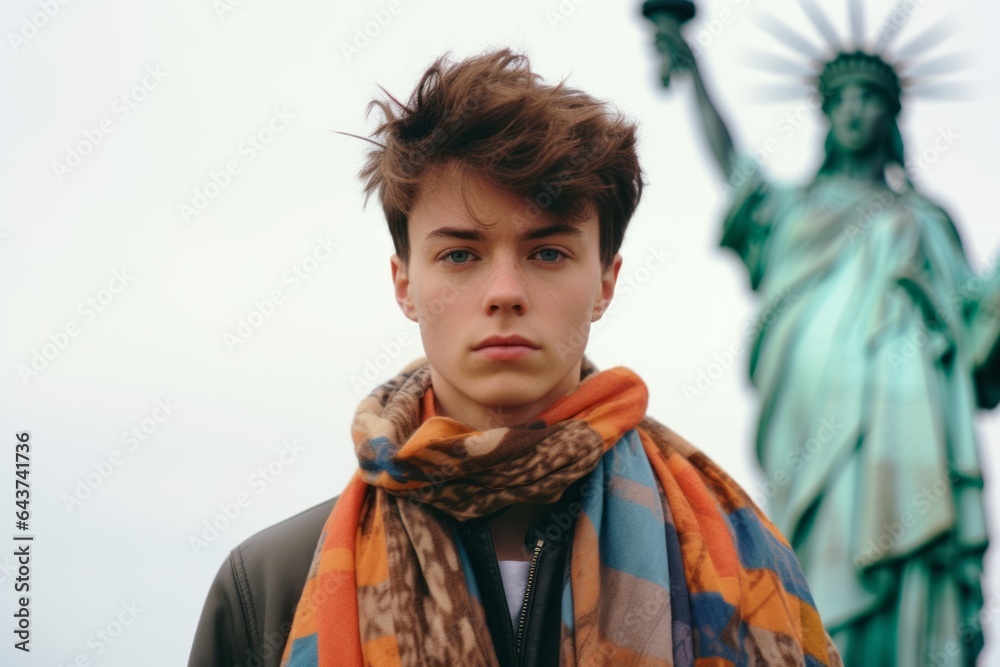 Medium shot portrait photography of a glad boy in his 20s wearing an elegant silk scarf in front of the statue of liberty in new york usa. With generative AI technology
