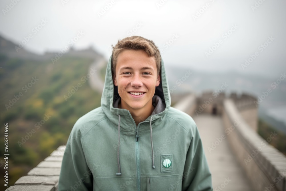 Medium shot portrait photography of a joyful boy in his 30s wearing a comfortable hoodie at the great wall of china in beijing china. With generative AI technology Medium shot portrait photography of a joyful boy in his 30s wearing a comfortable hoodie at the great wall of china in beijing china. With generative AI technology
