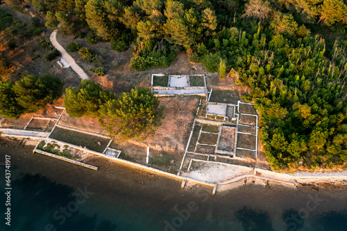 Aerial view of ruins of luxurious roman villa on peninsula Vizula near Medulin in Istria, Croatia © tynrud