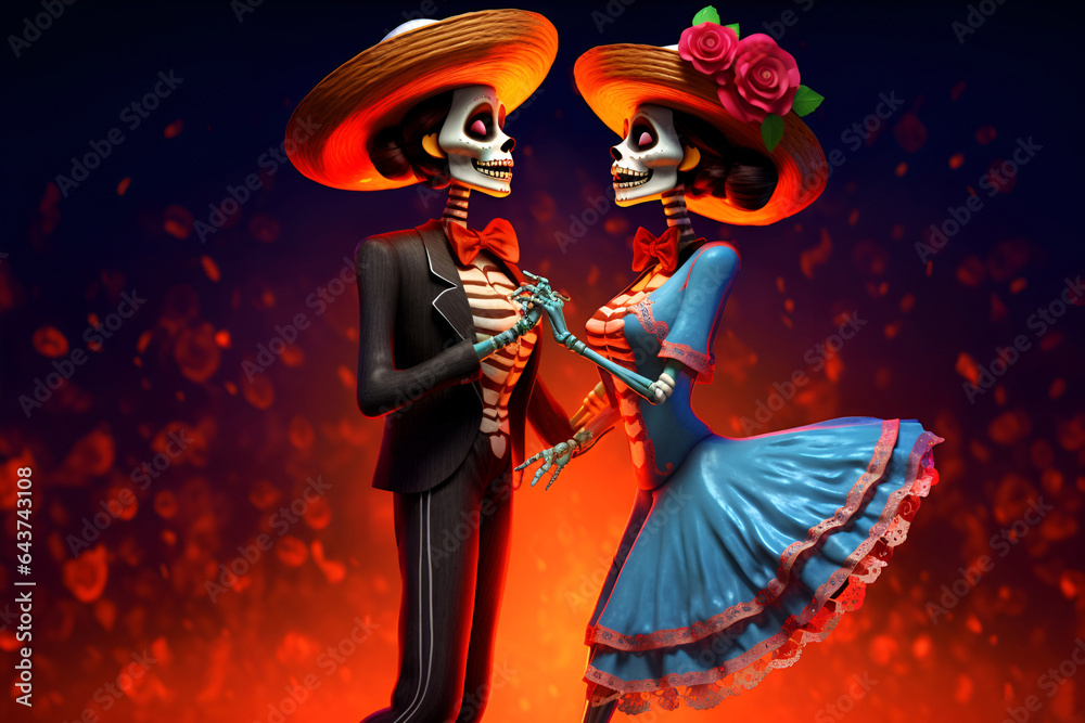 3D illustration of a couple in love with flowers in Mexican Day of the Dead, skull