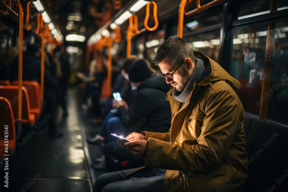 Man using mobile phone in the metro. He is commuting to work. Created with AI