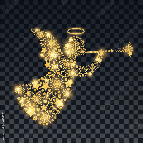 Christmas angel made of golden snowflakes and stars on a transparent background. Winter design vector illustration.