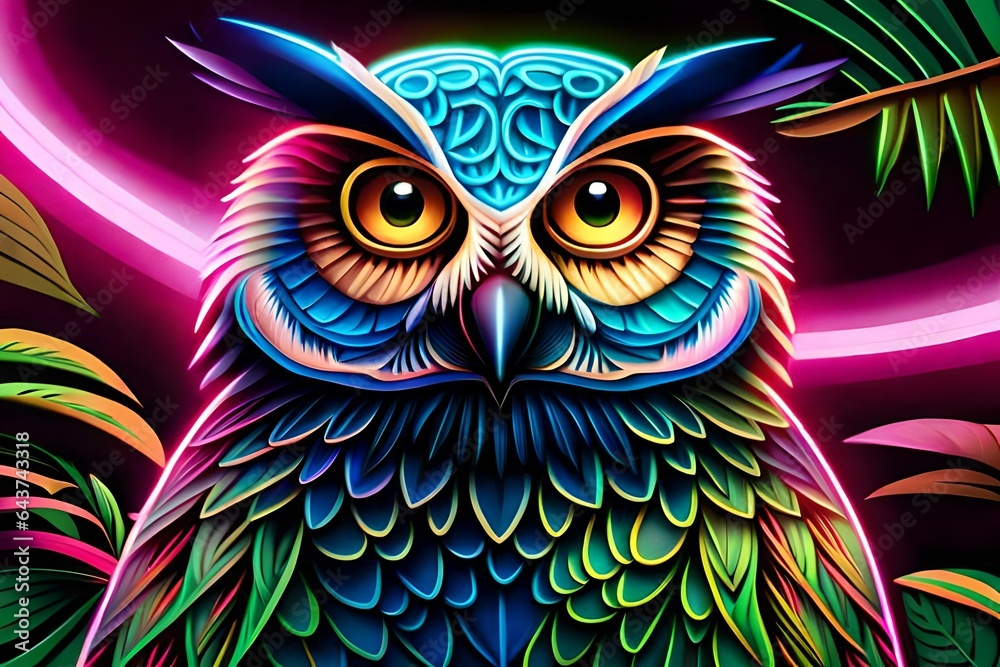 Obraz premium owl, An ultra high-resolution hyper-realistic neon glowing metallic owl in close-up, looking directly into the camera while sitting on a delicate flower in the heart of the Amazon rainforest.