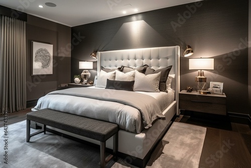 A modern bedroom with a spacious king-sized bed  elegant nightstands  and captivating lighting. Generative AI