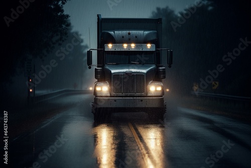 A truck with its headlights on, driving on a rain-soaked highway. Generative AI