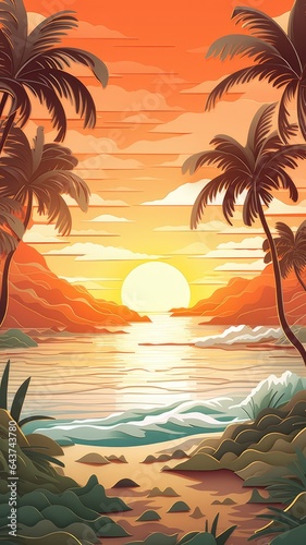 Hawaii Sunset Landscape Paper Cut Phone Wallpaper Background Illustration
