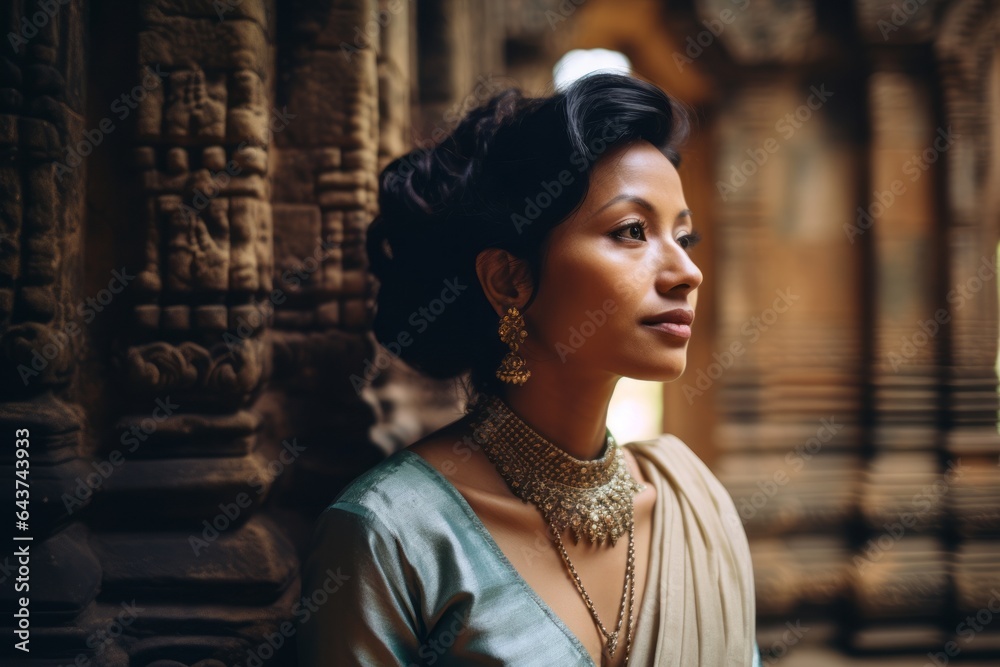 Naklejka premium Photography in the style of pensive portraiture of a tender mature woman wearing a sparkling brooch at the angkor wat in siem reap cambodia. With generative AI technology