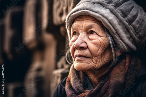 Photography in the style of pensive portraiture of a satisfied mature woman wearing a warm wool beanie at the angkor wat in siem reap cambodia. With generative AI technology