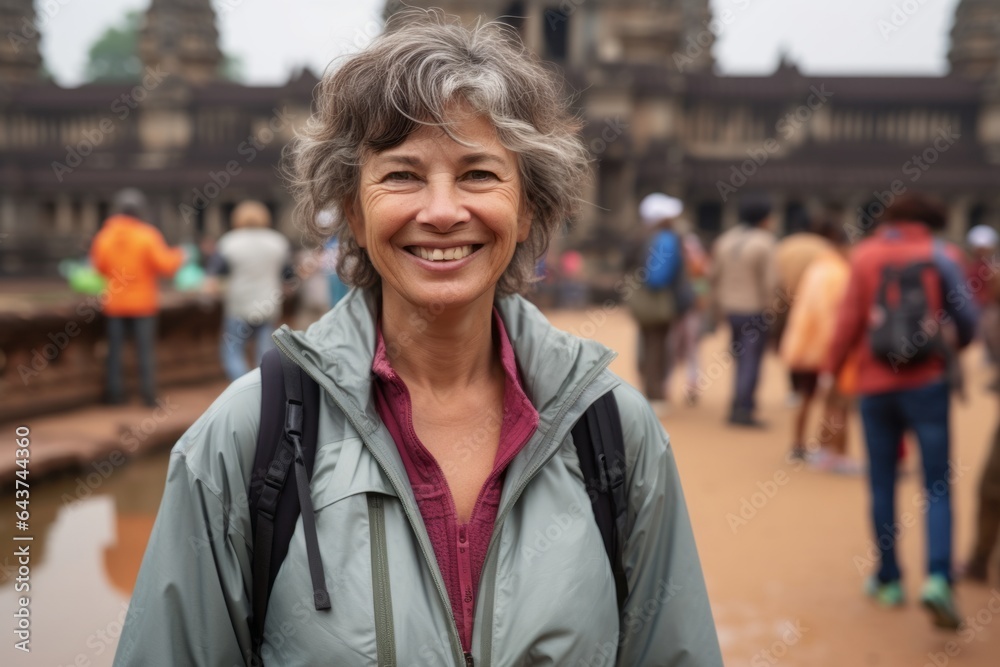 Medium shot portrait photography of a cheerful mature woman wearing a water-resistant gilet at the angkor wat in siem reap cambodia. With generative AI technology Medium shot portrait photography of a cheerful mature woman wearing a water-resistant gilet at the angkor wat in siem reap cambodia. With generative AI technology