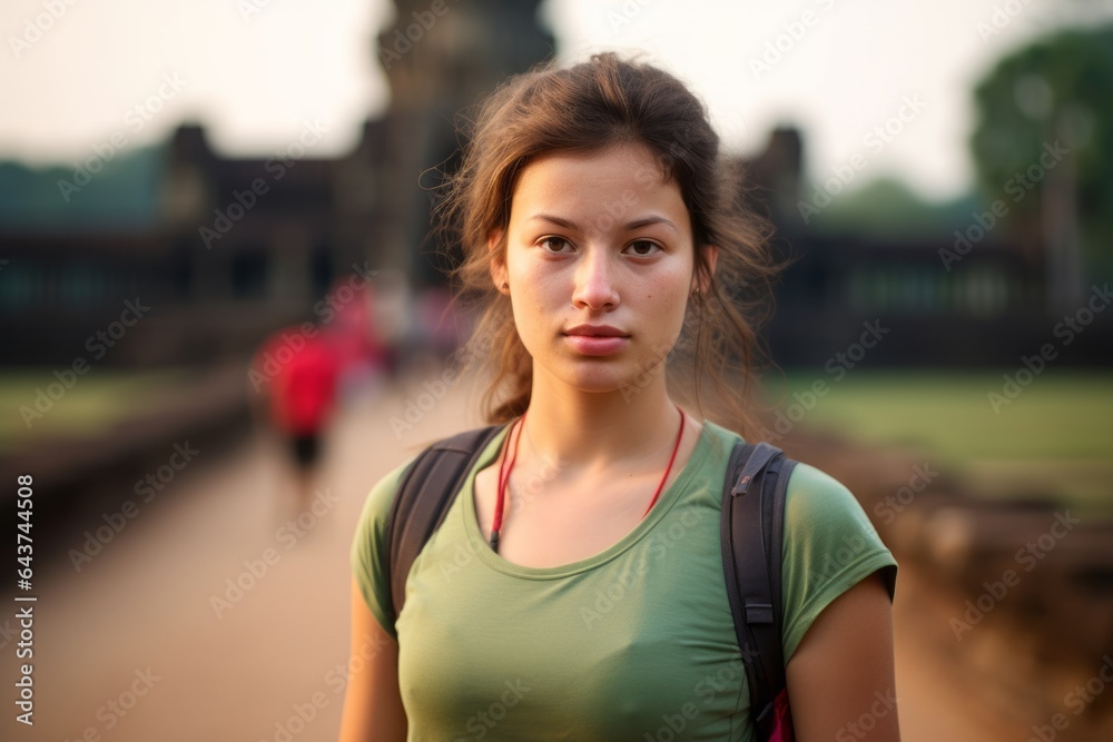 Environmental portrait photography of a tender girl in her 20s wearing a sporty polo shirt at the angkor wat in siem reap cambodia. With generative AI technology