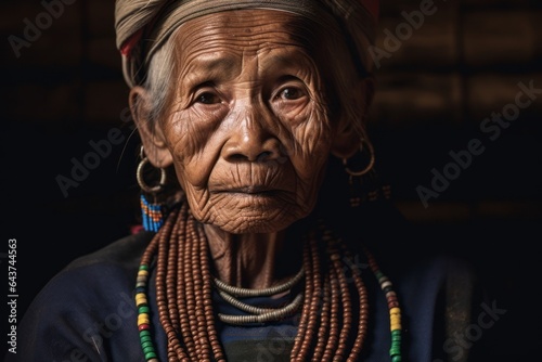 Environmental portrait photography of a tender old woman wearing a dramatic choker necklace at the angkor wat in siem reap cambodia. With generative AI technology