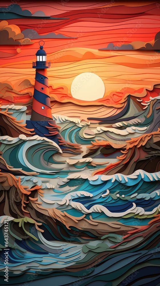 Lighthouse Sunrise Sunset Paper Cut Phone Wallpaper Background Illustration