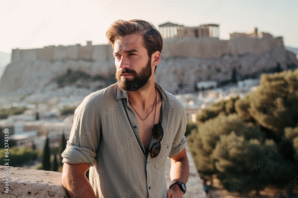 Obraz na płótnie Photography in the style of pensive portraiture of a grinning boy in his 30s wearing a bold statement necklace in front of the acropolis in athens greece. With generative AI technology w salonie