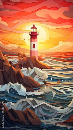 Lighthouse Sunrise Sunset Paper Cut Phone Wallpaper Background Illustration