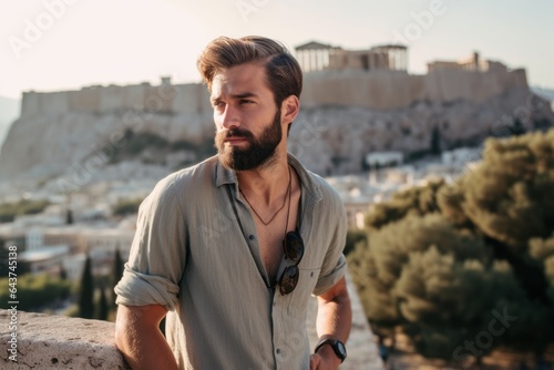 Photography in the style of pensive portraiture of a grinning boy in his 30s wearing a bold statement necklace in front of the acropolis in athens greece. With generative AI technology photo