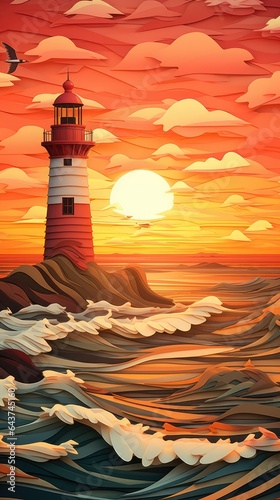 Lighthouse Sunrise Sunset Paper Cut Phone Wallpaper Background Illustration