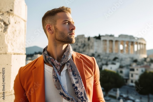 Photography in the style of pensive portraiture of a grinning boy in his 30s wearing a bold statement necklace in front of the acropolis in athens greece. With generative AI technology photo